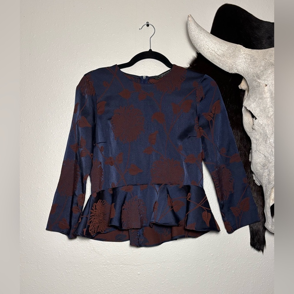 Zara Navy and Brown Floral Peplum Blouse